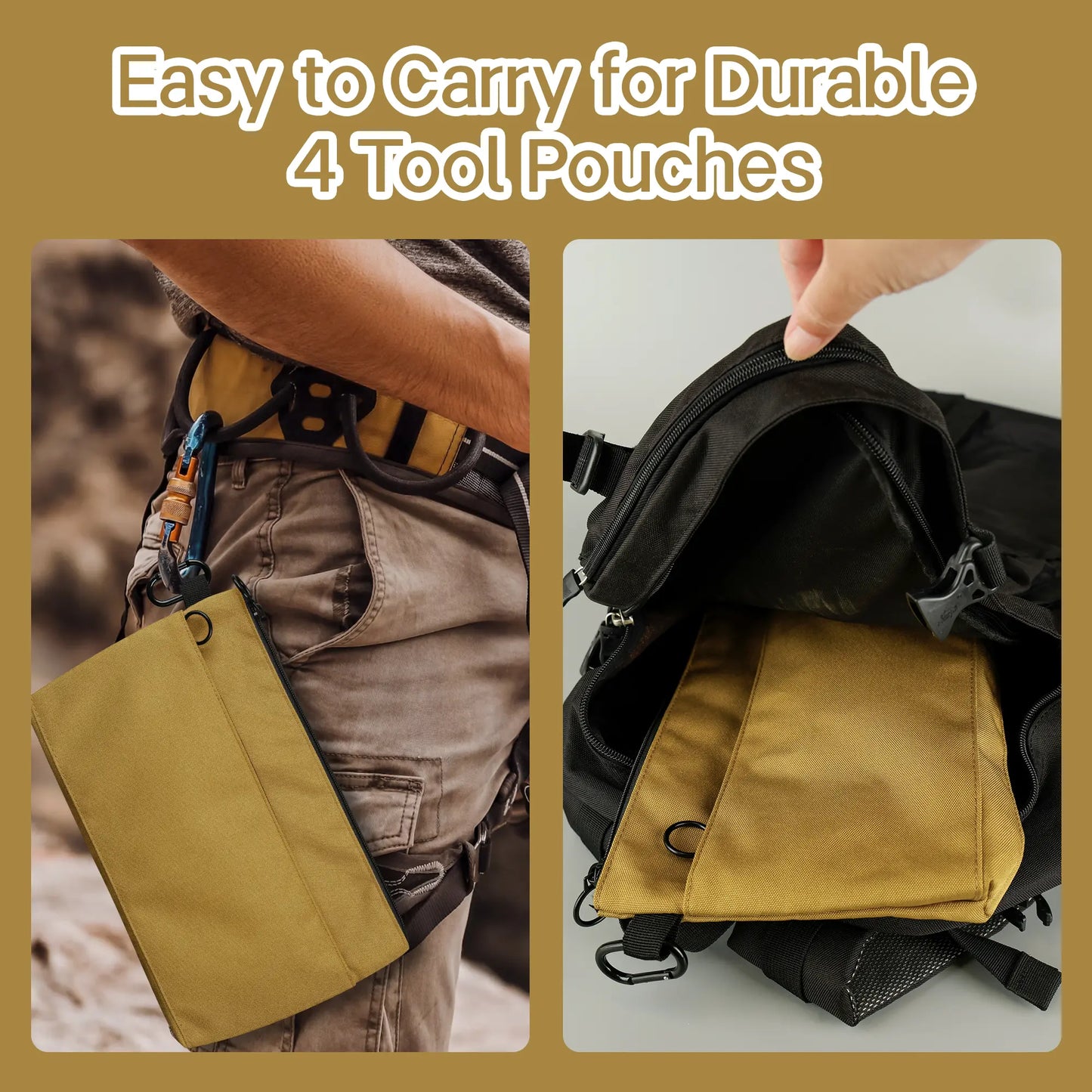 12-Inch Zippered Tool Pouches - 4-Pack Portable Organizer Bags with Dual Compartments and D-Ring Clip for Electricians, Carpenters, Home Repairs, and DIY Projects