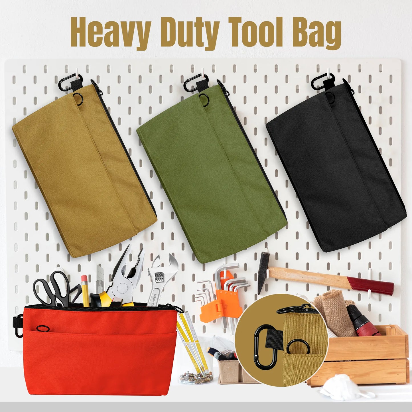 12-Inch Zippered Tool Pouches - 4-Pack Portable Organizer Bags with Dual Compartments and D-Ring Clip for Electricians, Carpenters, Home Repairs, and DIY Projects