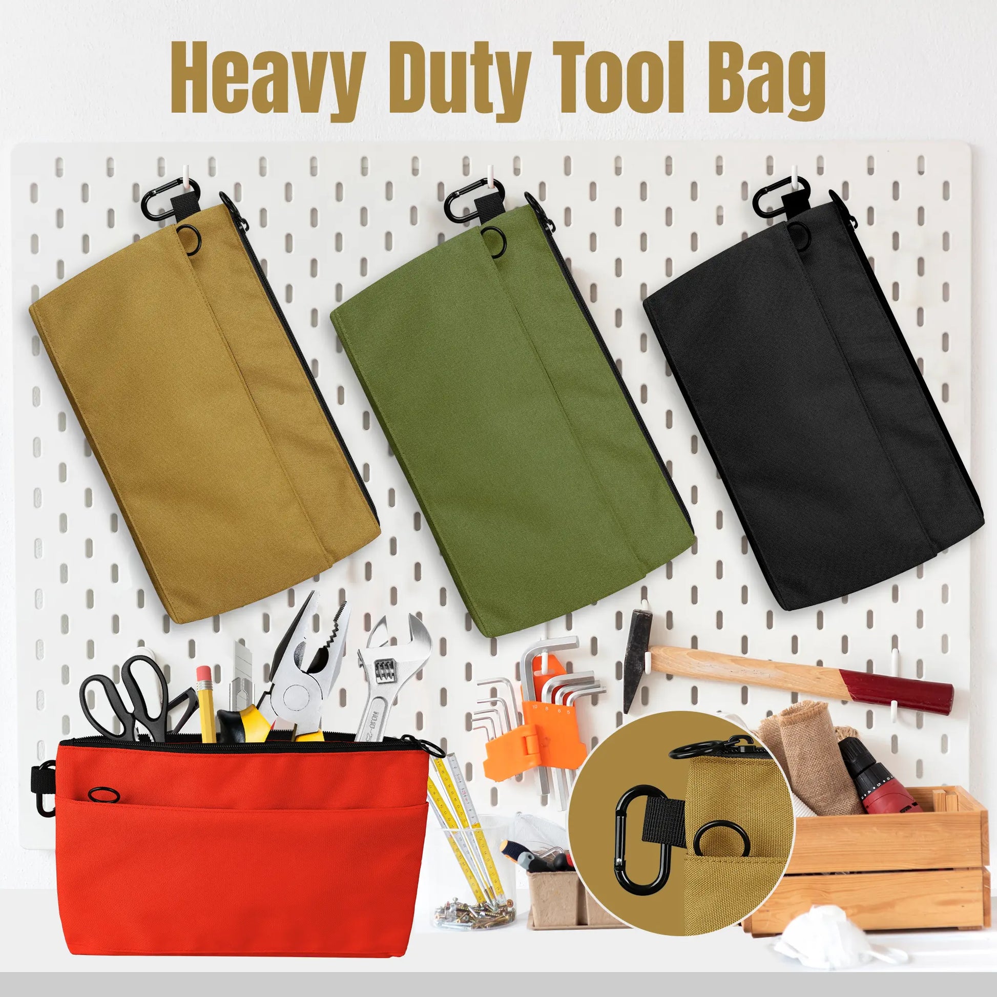 12-Inch Zippered Tool Pouches - 4-Pack Portable Organizer Bags with Dual Compartments and D-Ring Clip for Electricians, Carpenters, Home Repairs, and DIY Projects