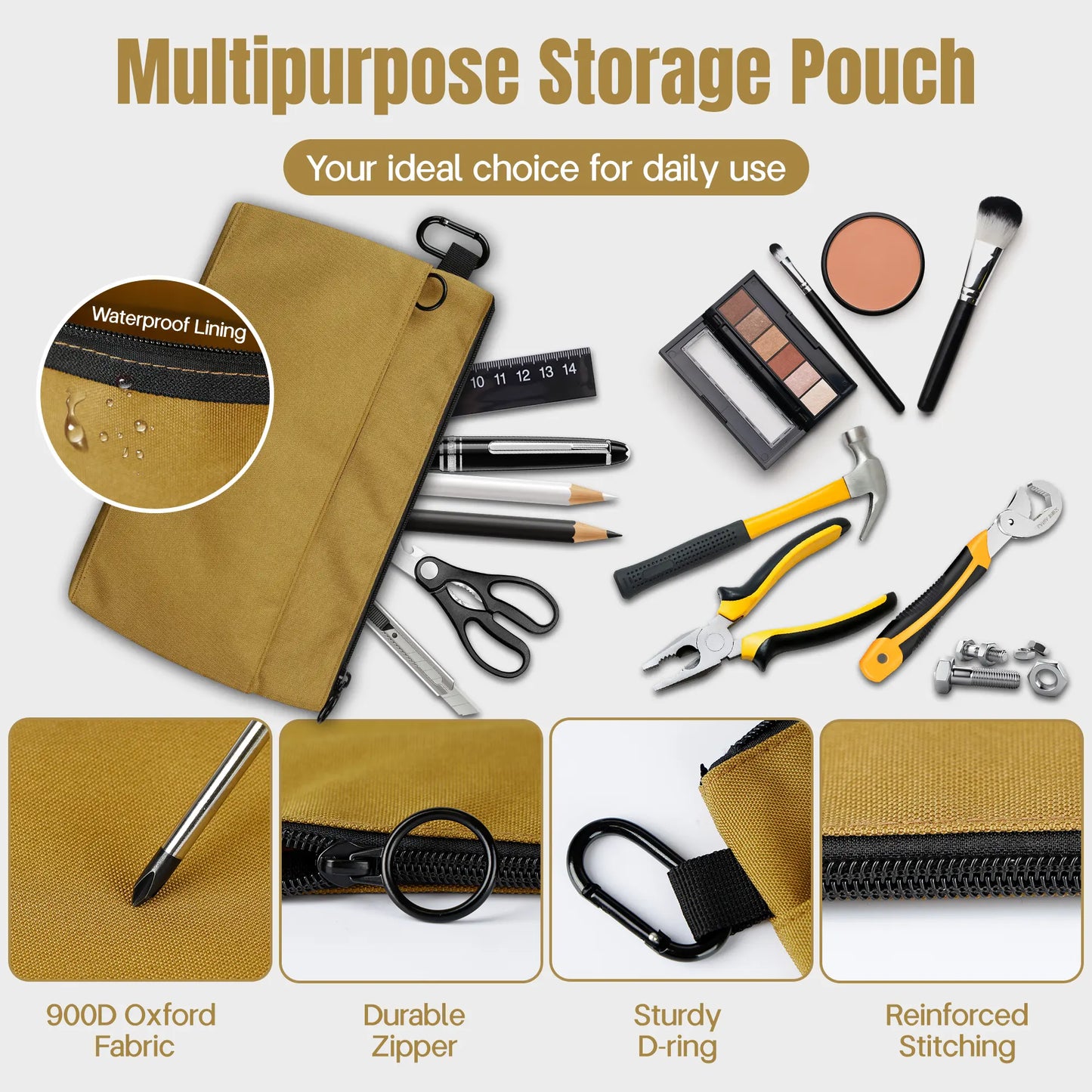 12-Inch Zippered Tool Pouches - 4-Pack Portable Organizer Bags with Dual Compartments and D-Ring Clip for Electricians, Carpenters, Home Repairs, and DIY Projects