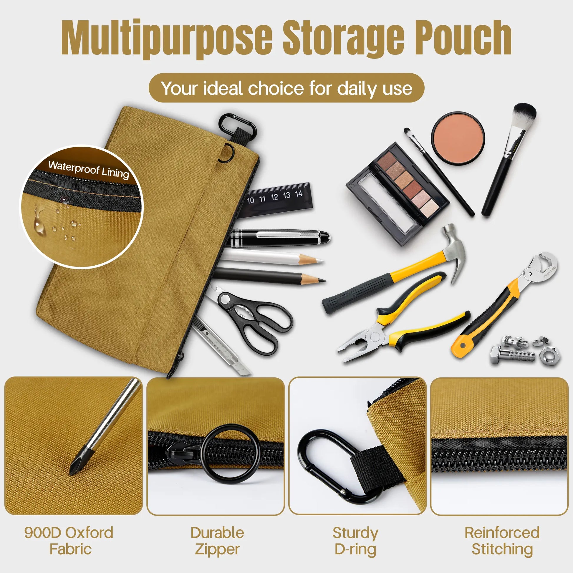12-Inch Zippered Tool Pouches - 4-Pack Portable Organizer Bags with Dual Compartments and D-Ring Clip for Electricians, Carpenters, Home Repairs, and DIY Projects