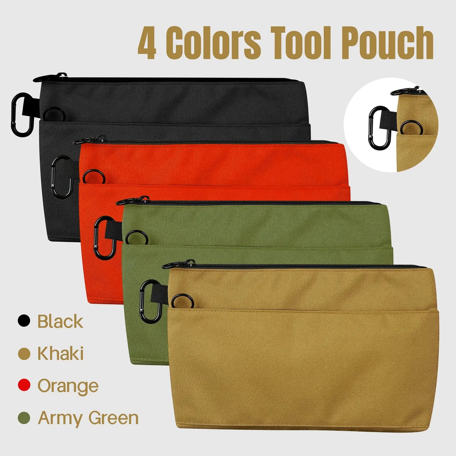 12-Inch Zippered Tool Pouches - 4-Pack Portable Organizer Bags with Dual Compartments and D-Ring Clip for Electricians, Carpenters, Home Repairs, and DIY Projects