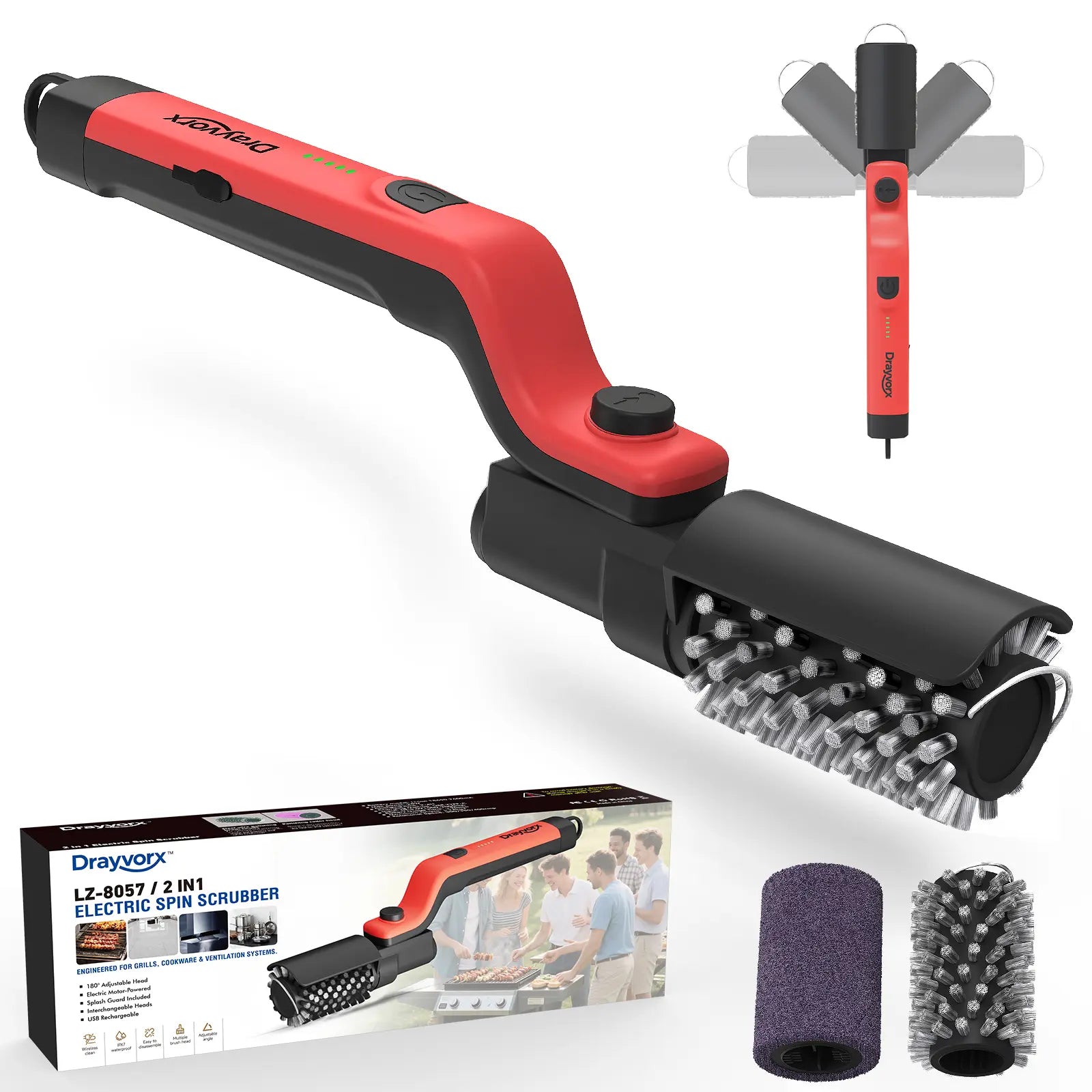 Cordless Electric BBQ Grill Brush with Rechargeable Battery, 3-Speed Settings, and 180° Adjustable Head for Outdoor Grill Cleaning