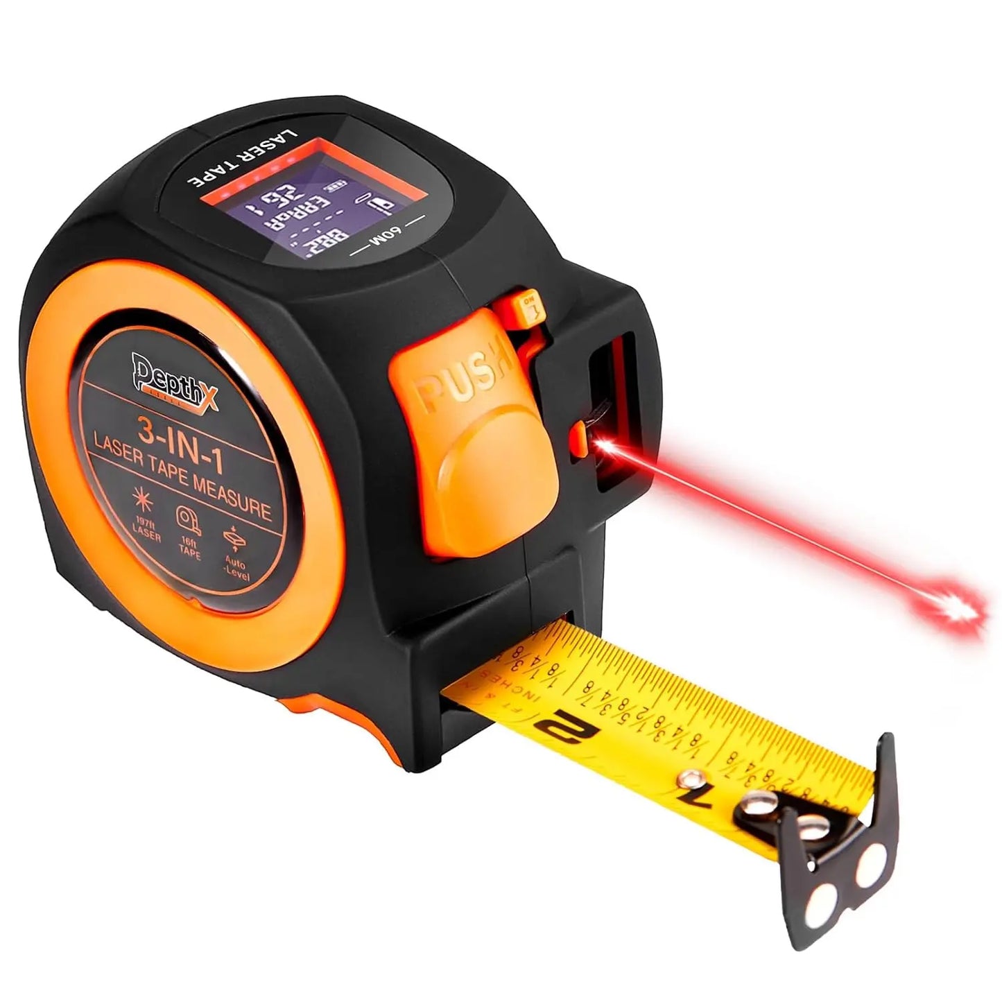 3-in-1 Laser Distance Meter with 197ft Range, 16ft Digital Tape Measure, and Digital Level - Pythagorean, Area, and Volume Calculations, Rechargeable, Multiple Unit Options, 40 Data Storage Sets