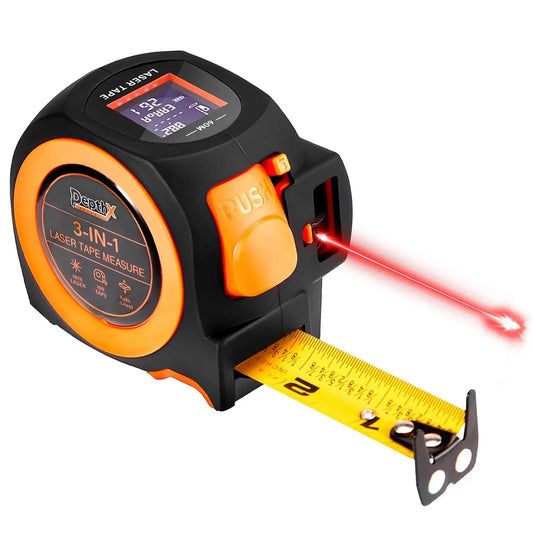 3-in-1 Laser Distance Meter with 197ft Range, 16ft Digital Tape Measure, and Digital Level - Pythagorean, Area, and Volume Calculations, Rechargeable, Multiple Unit Options, 40 Data Storage Sets