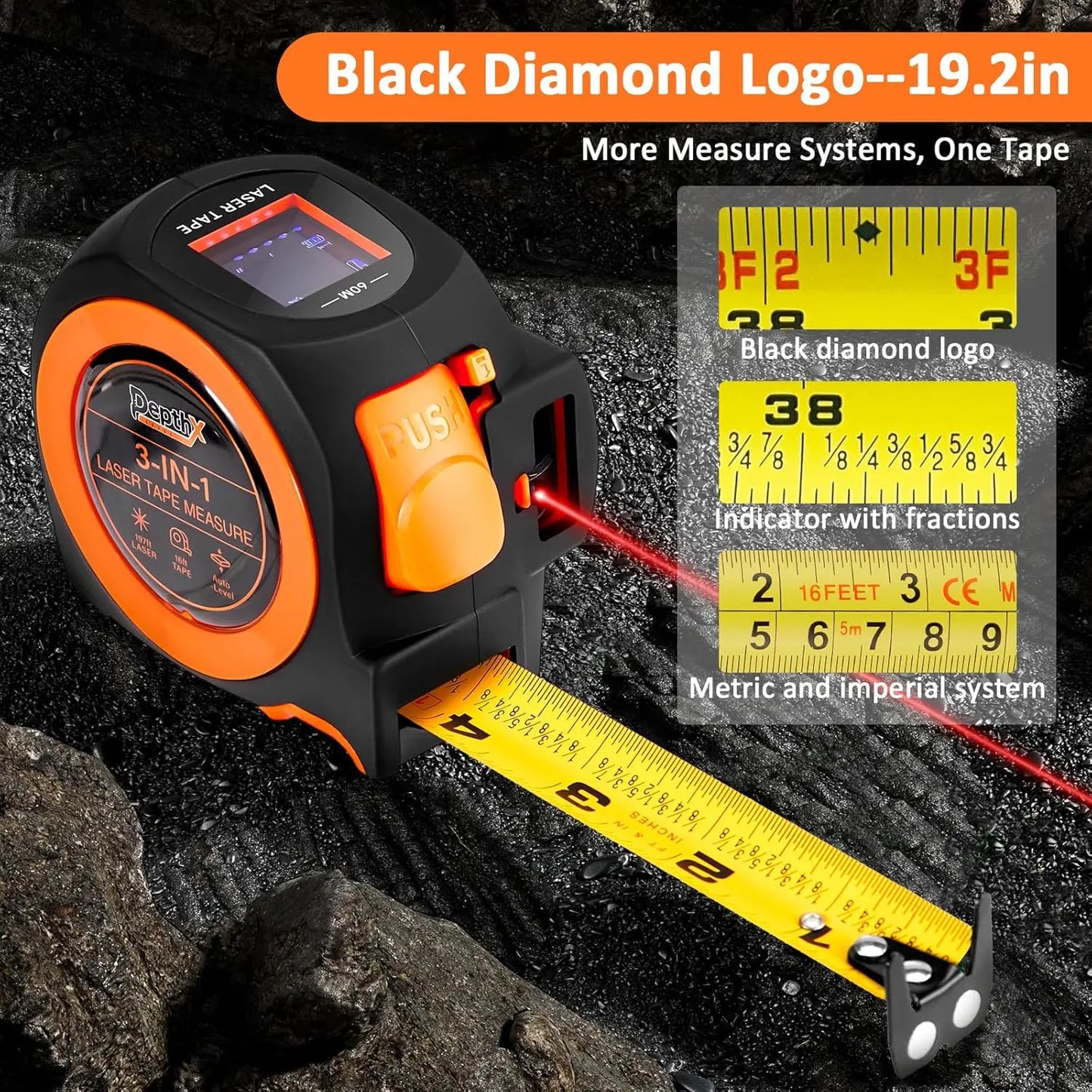 3-in-1 Laser Distance Meter with 197ft Range, 16ft Digital Tape Measure, and Digital Level - Pythagorean, Area, and Volume Calculations, Rechargeable, Multiple Unit Options, 40 Data Storage Sets