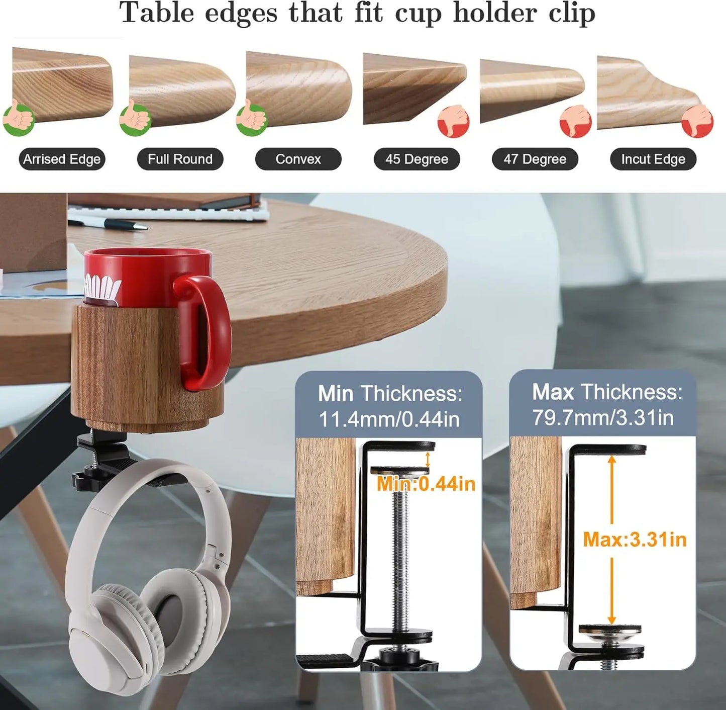 Desk Cup Holder and 360° Rotating Headphone Hanger - Anti-Spill Design for Water Bottles and Sturdy Hook for all Headphones