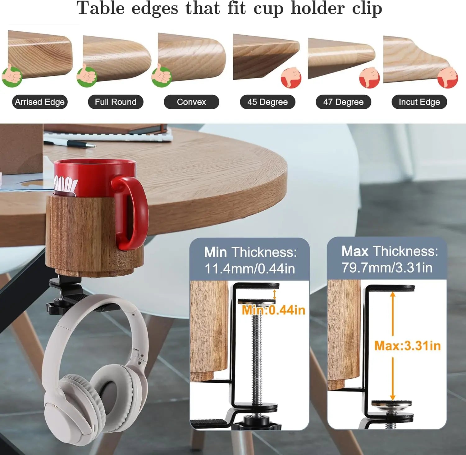 Desk Cup Holder and 360° Rotating Headphone Hanger - Anti-Spill Design for Water Bottles and Sturdy Hook for all Headphones