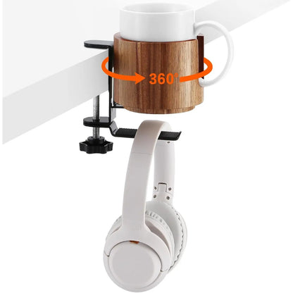 Desk Cup Holder and 360° Rotating Headphone Hanger - Anti-Spill Design for Water Bottles and Sturdy Hook for all Headphones