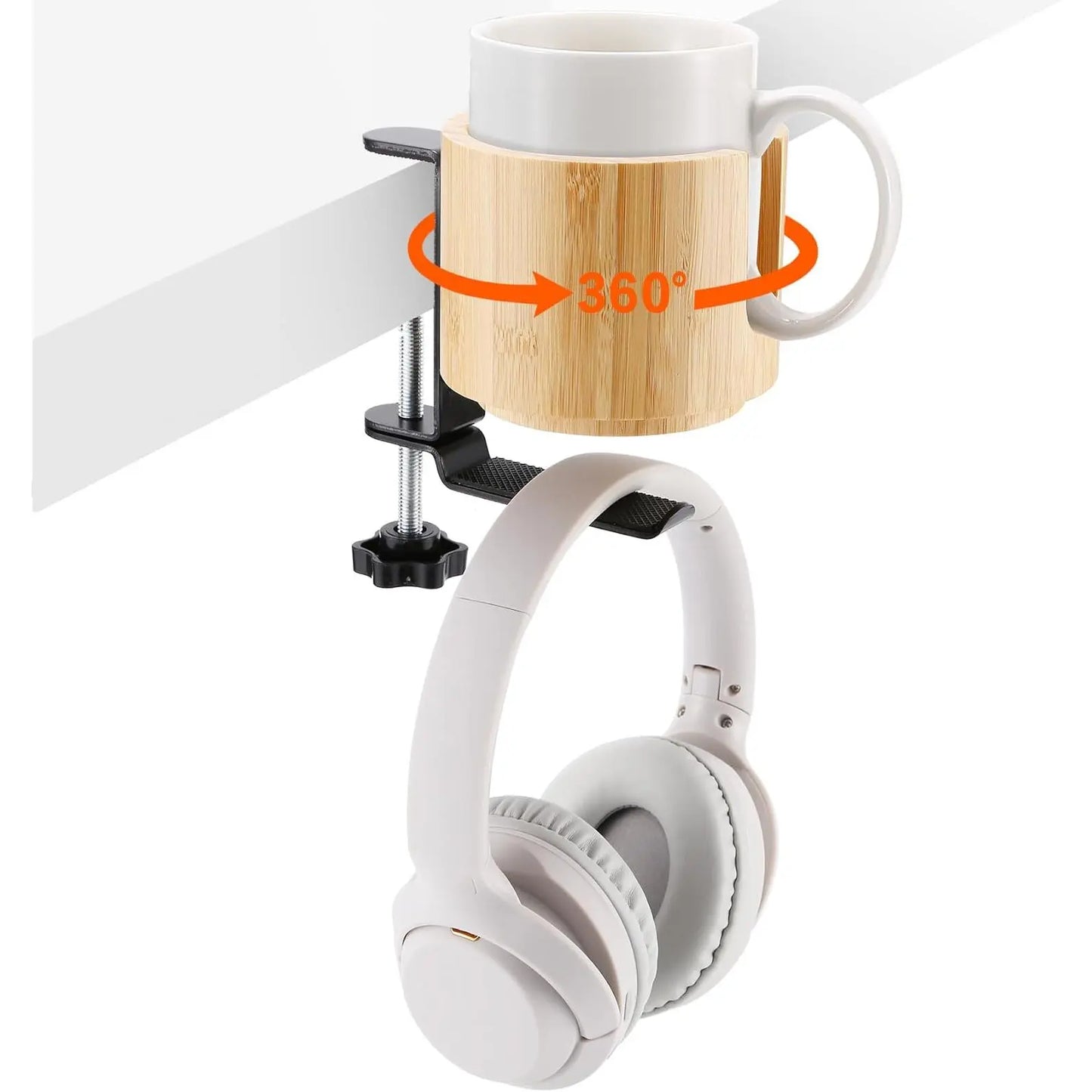 Desk Cup Holder and 360° Rotating Headphone Hanger - Anti-Spill Design for Water Bottles and Sturdy Hook for all Headphones