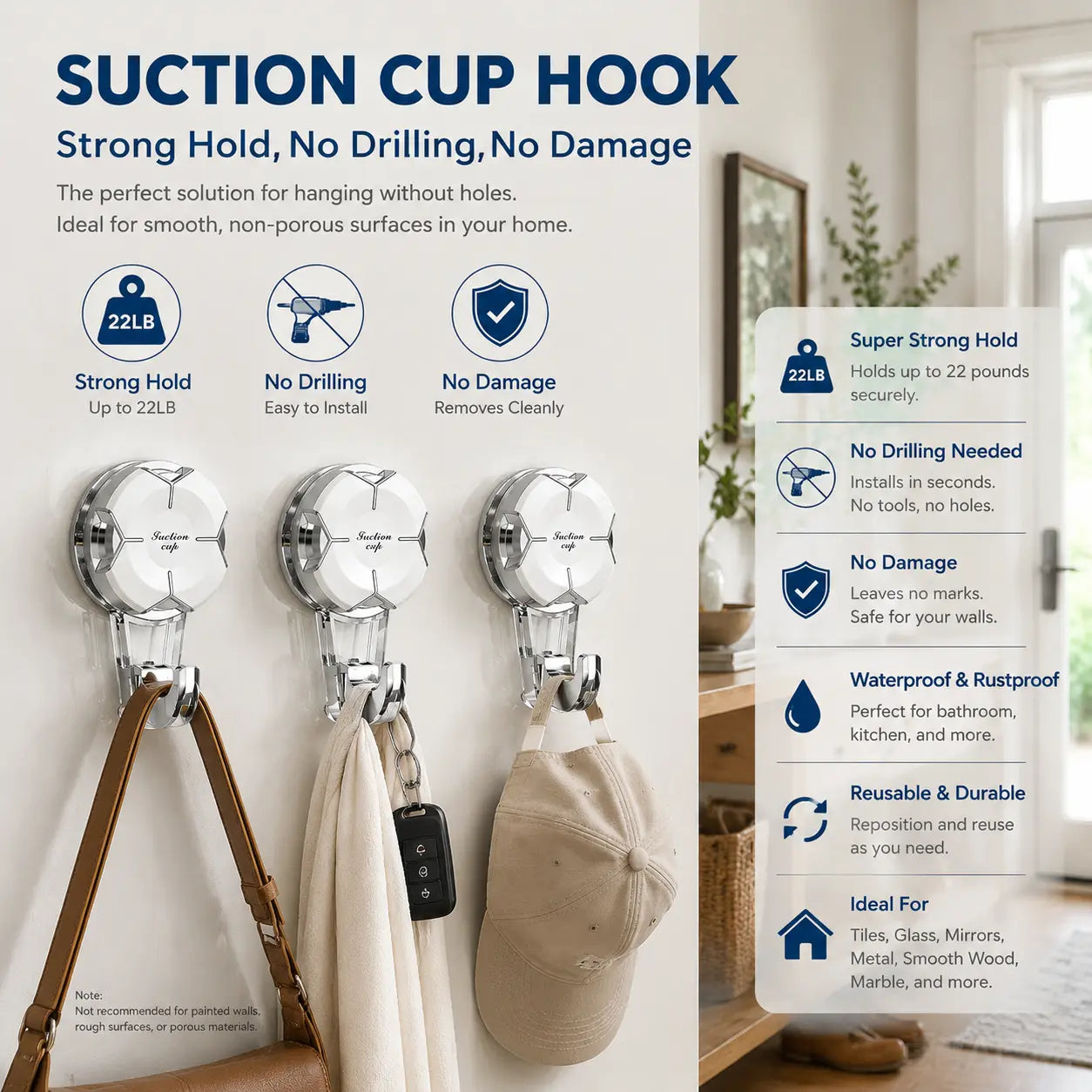 Heavy-Duty Suction Cup Hooks - Durable Suction Hangers for Wreaths, Showers, Windows, and Glass Doors. Waterproof Outdoor Hooks for Bathroom Wall Mounting - Removable and No Drilling Required.