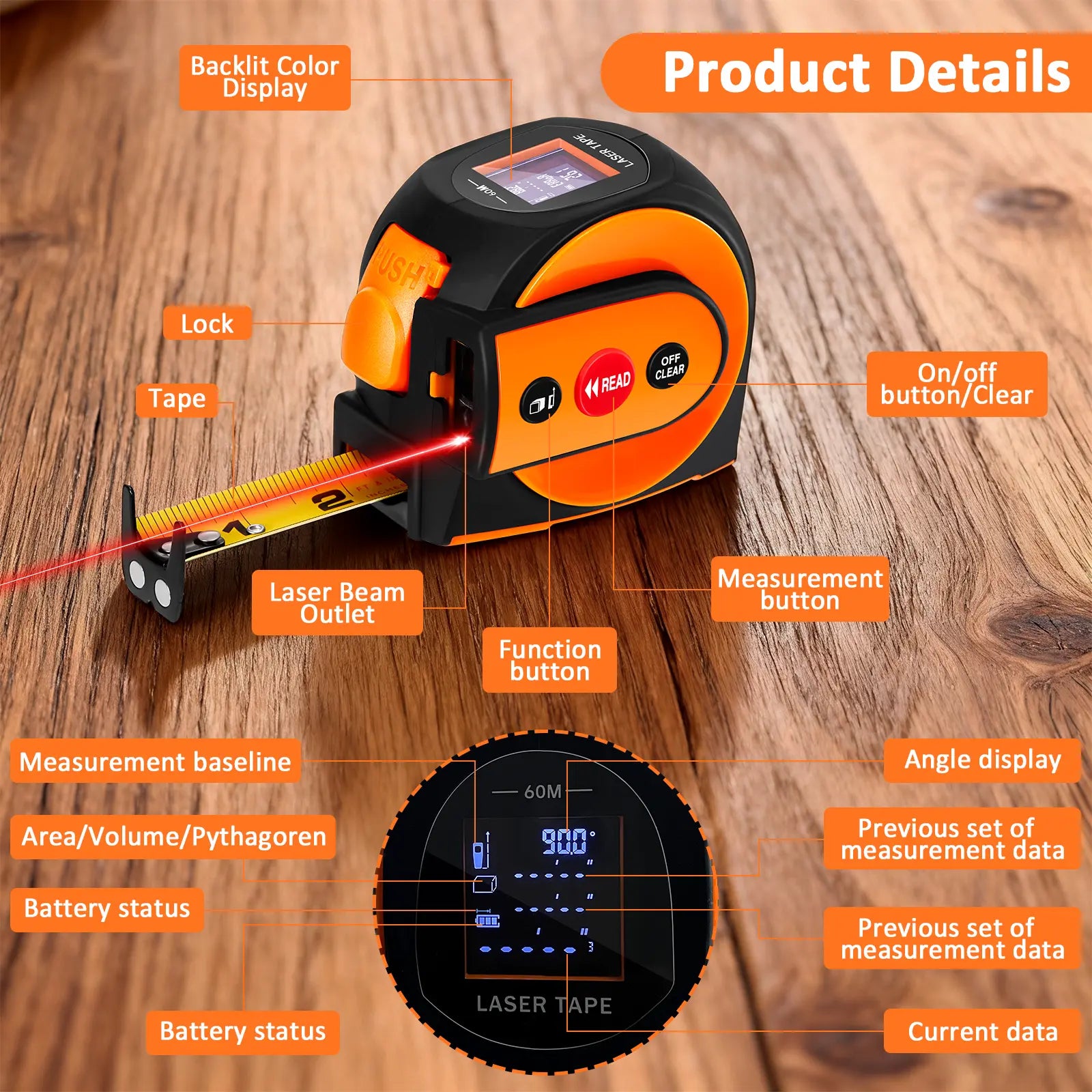 3-in-1 Laser Distance Meter with 197ft Range, 16ft Digital Tape Measure, and Digital Level - Pythagorean, Area, and Volume Calculations, Rechargeable, Multiple Unit Options, 40 Data Storage Sets