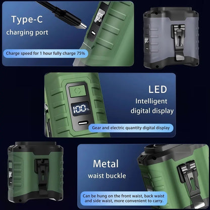 Portable Waist Fan with 360° Rotation, 5-Speed Settings, Waterproof Design for Travel, Work, and Home Use, and a 10,000mAh Rechargeable Battery