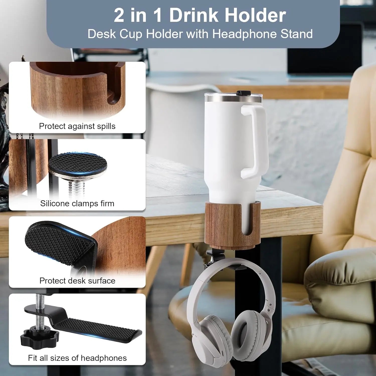 Desk Cup Holder and 360° Rotating Headphone Hanger - Anti-Spill Design for Water Bottles and Sturdy Hook for all Headphones