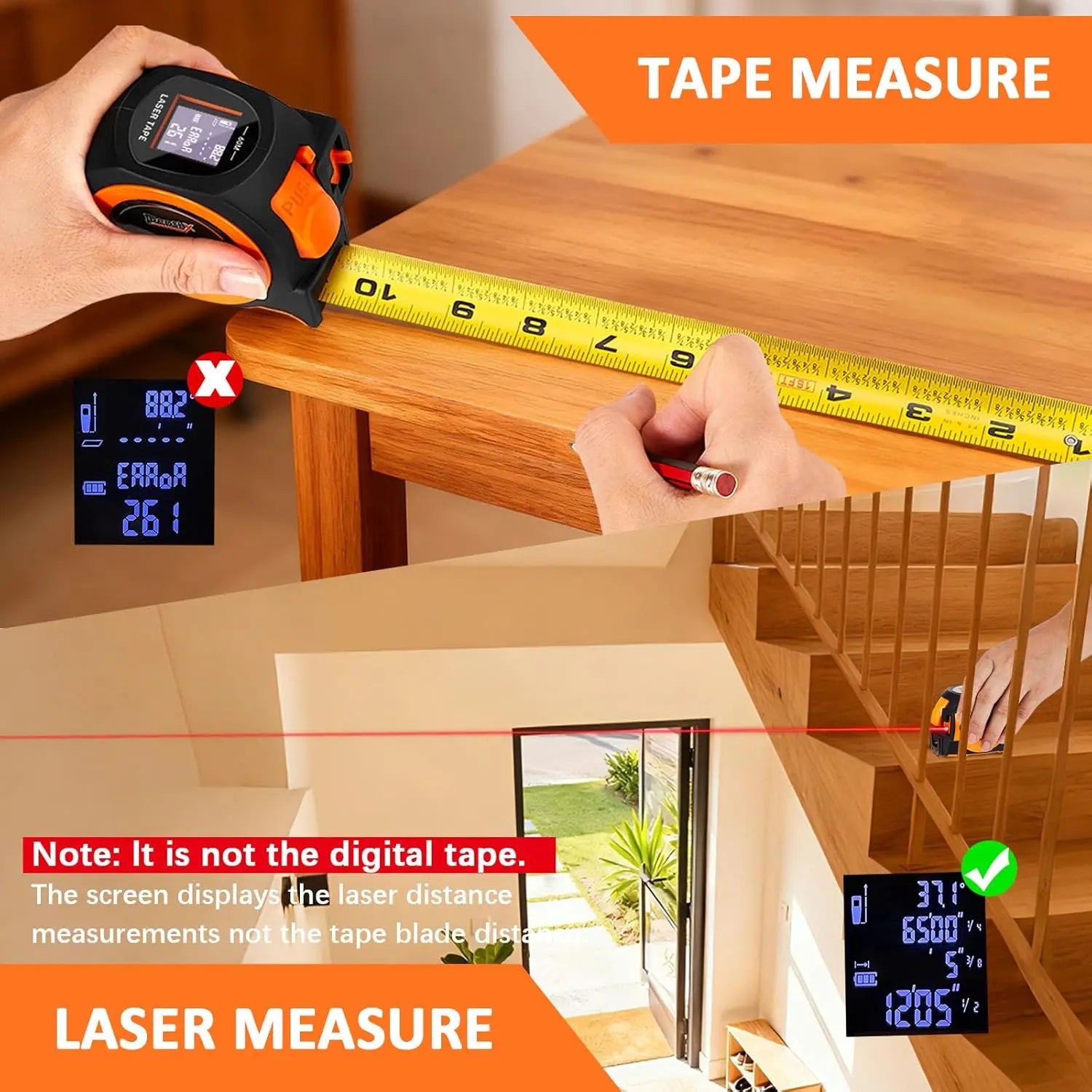 3-in-1 Laser Distance Meter with 197ft Range, 16ft Digital Tape Measure, and Digital Level - Pythagorean, Area, and Volume Calculations, Rechargeable, Multiple Unit Options, 40 Data Storage Sets