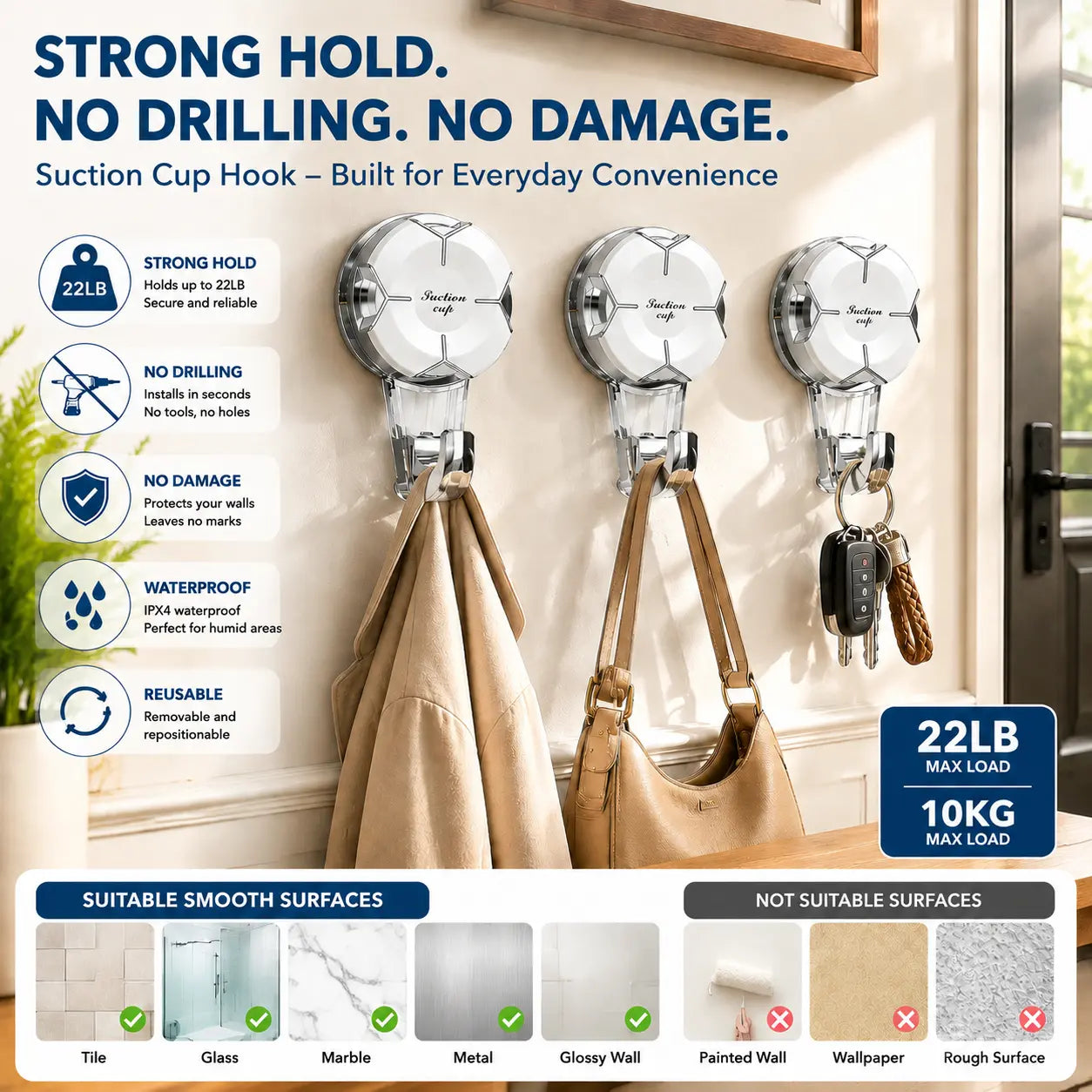Heavy-Duty Suction Cup Hooks - Durable Suction Hangers for Wreaths, Showers, Windows, and Glass Doors. Waterproof Outdoor Hooks for Bathroom Wall Mounting - Removable and No Drilling Required.