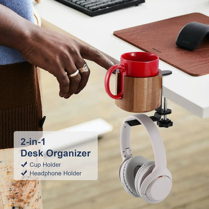 Desk Cup Holder and 360° Rotating Headphone Hanger - Anti-Spill Design for Water Bottles and Sturdy Hook for all Headphones