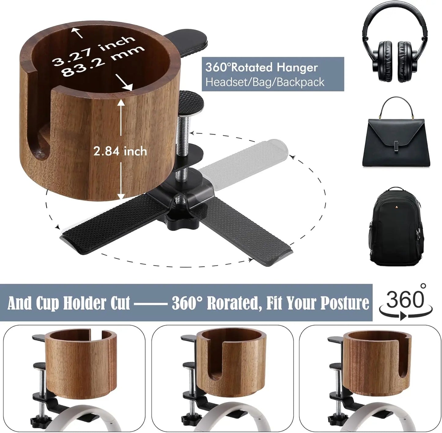 Desk Cup Holder and 360° Rotating Headphone Hanger - Anti-Spill Design for Water Bottles and Sturdy Hook for all Headphones