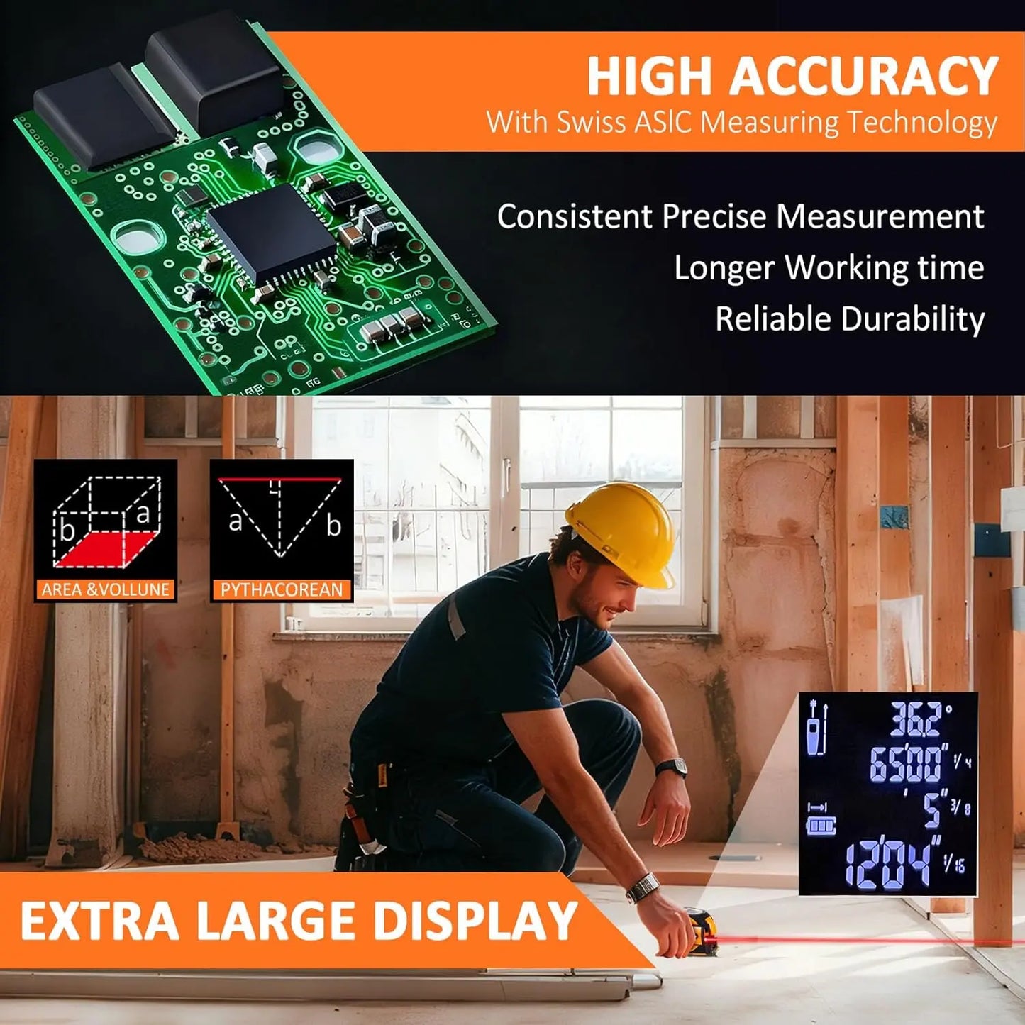 3-in-1 Laser Distance Meter with 197ft Range, 16ft Digital Tape Measure, and Digital Level - Pythagorean, Area, and Volume Calculations, Rechargeable, Multiple Unit Options, 40 Data Storage Sets