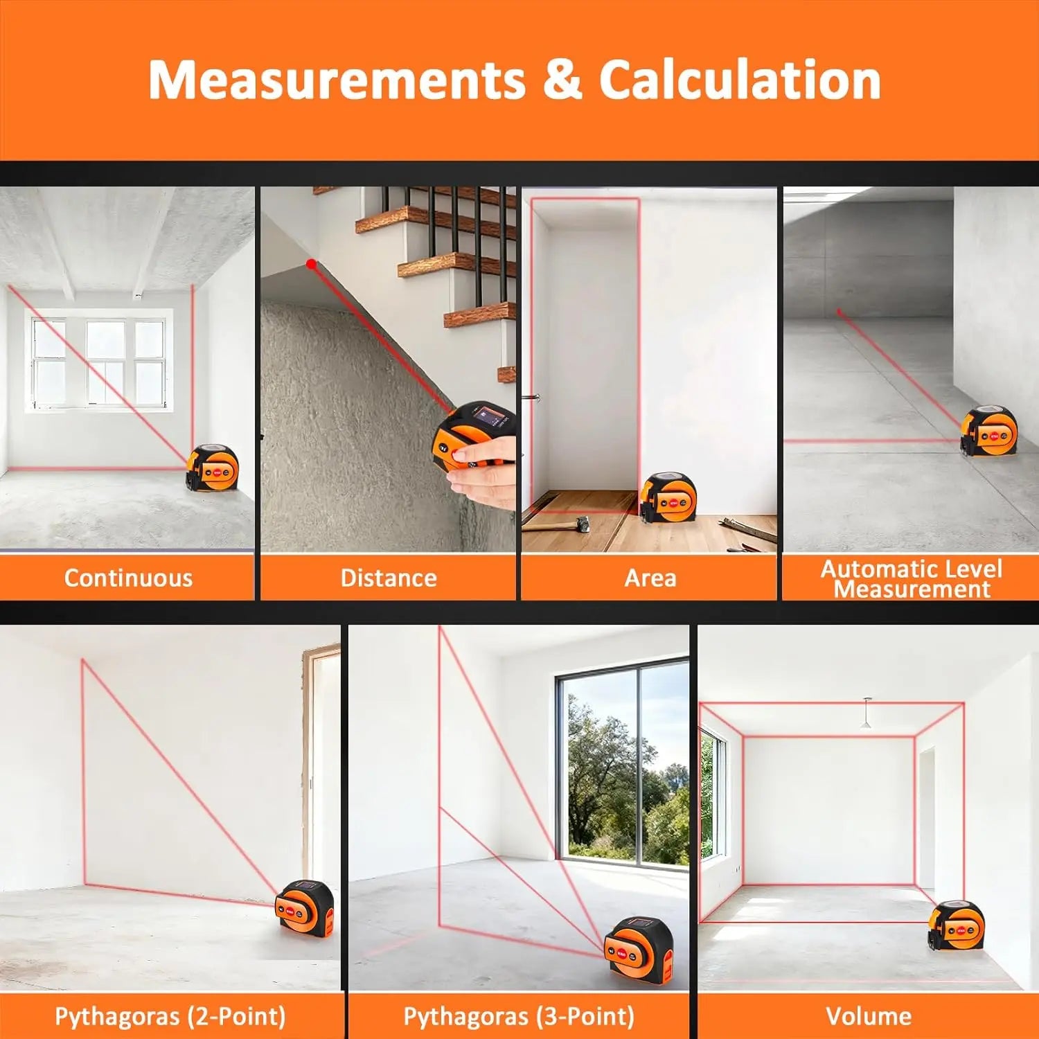 3-in-1 Laser Distance Meter with 197ft Range, 16ft Digital Tape Measure, and Digital Level - Pythagorean, Area, and Volume Calculations, Rechargeable, Multiple Unit Options, 40 Data Storage Sets