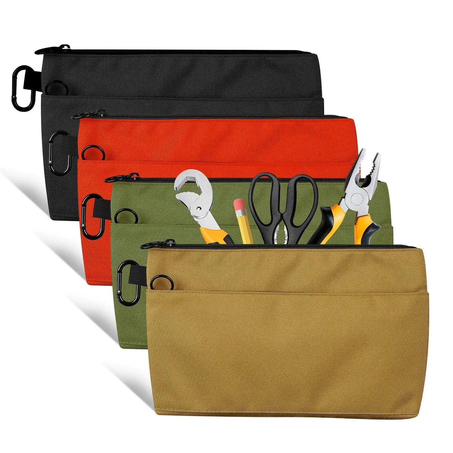 12-Inch Zippered Tool Pouches - 4-Pack Portable Organizer Bags with Dual Compartments and D-Ring Clip for Electricians, Carpenters, Home Repairs, and DIY Projects
