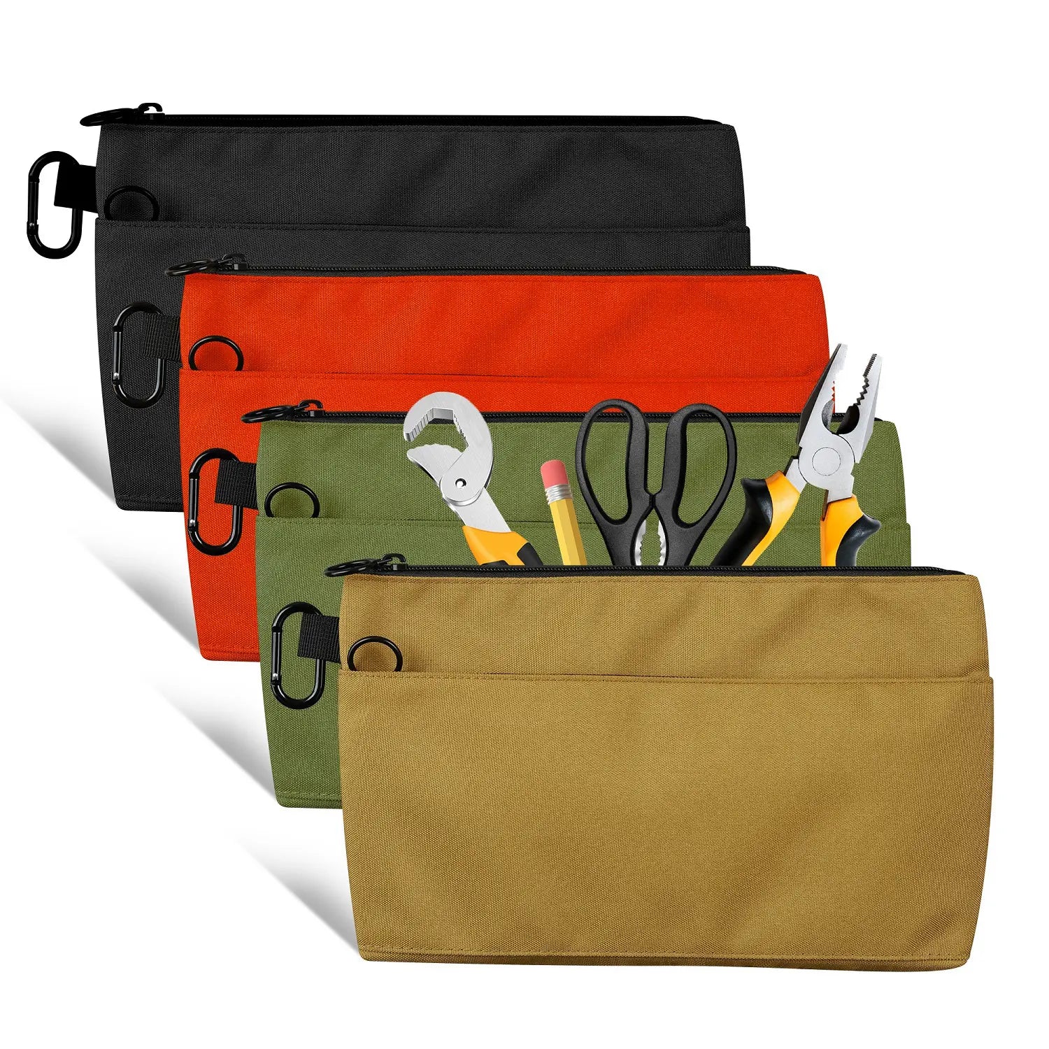 12-Inch Zippered Tool Pouches - 4-Pack Portable Organizer Bags with Dual Compartments and D-Ring Clip for Electricians, Carpenters, Home Repairs, and DIY Projects