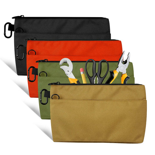 12-Inch Zippered Tool Pouches - 4-Pack Portable Organizer Bags with Dual Compartments and D-Ring Clip for Electricians, Carpenters, Home Repairs, and DIY Projects